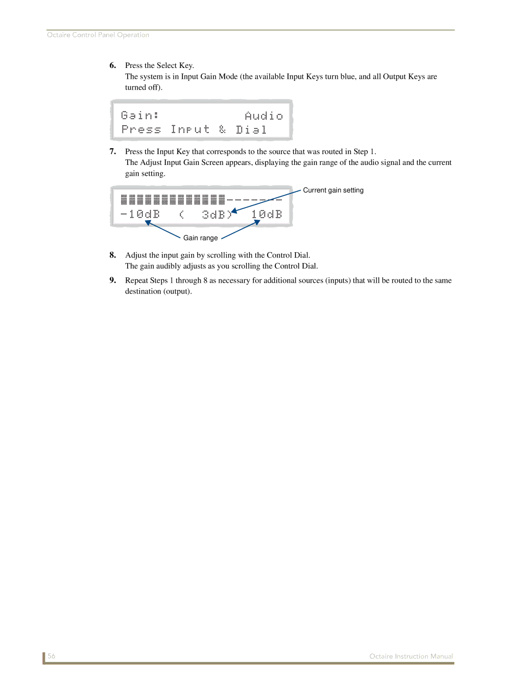 AMX Octaire instruction manual Current gain setting Gain range 