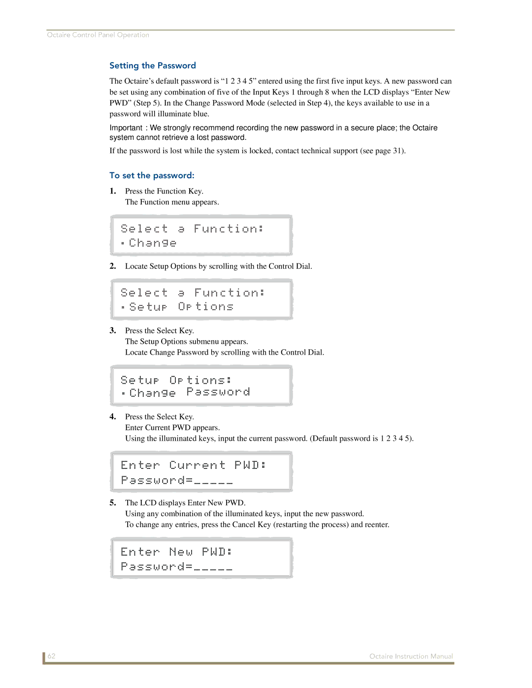 AMX Octaire instruction manual Setting the Password, To set the password 