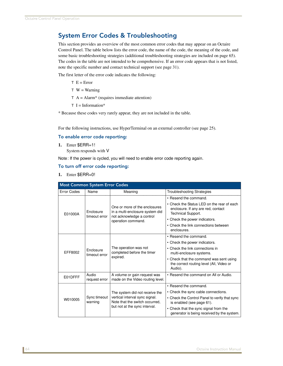 AMX Octaire System Error Codes & Troubleshooting, To enable error code reporting, To turn off error code reporting 