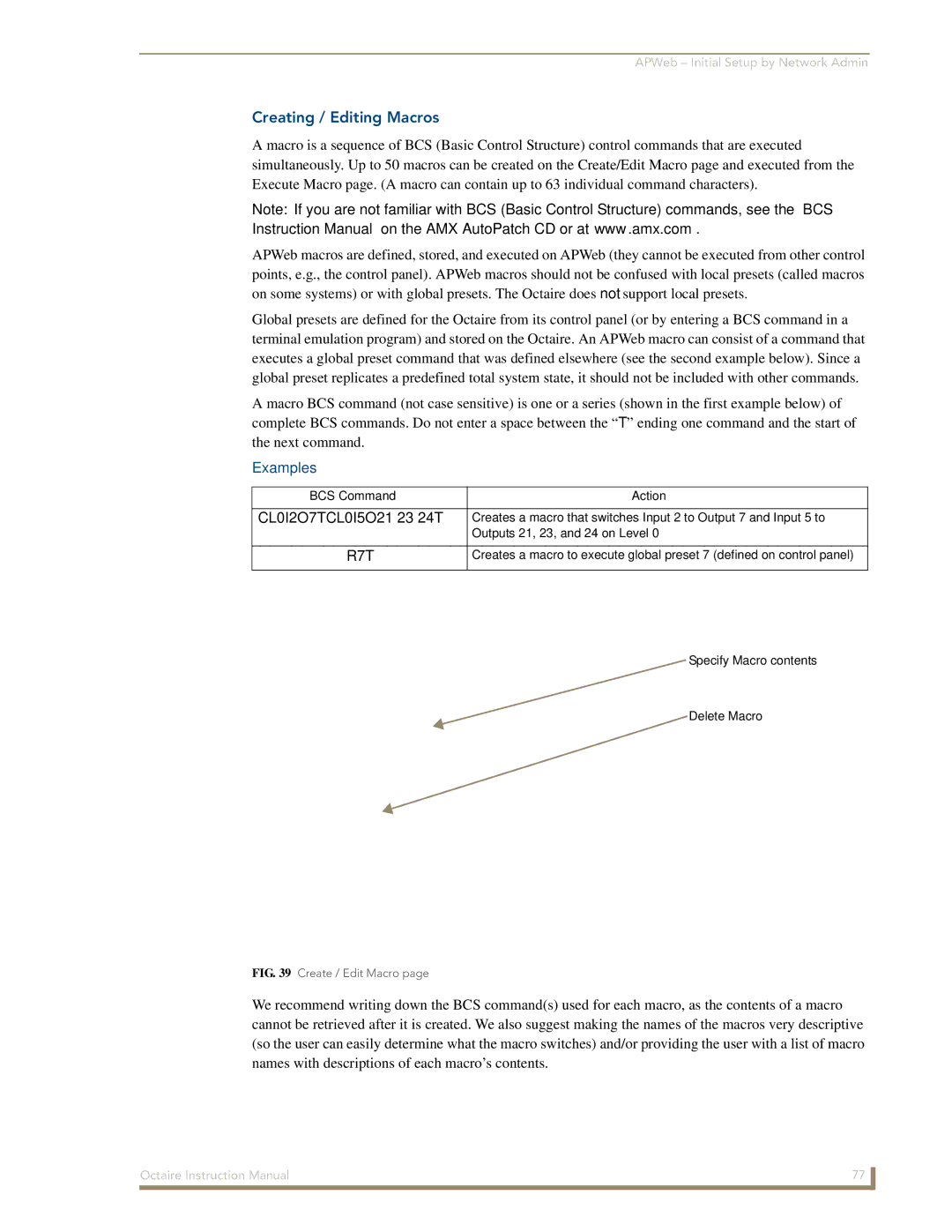 AMX Octaire instruction manual Creating / Editing Macros, Examples 