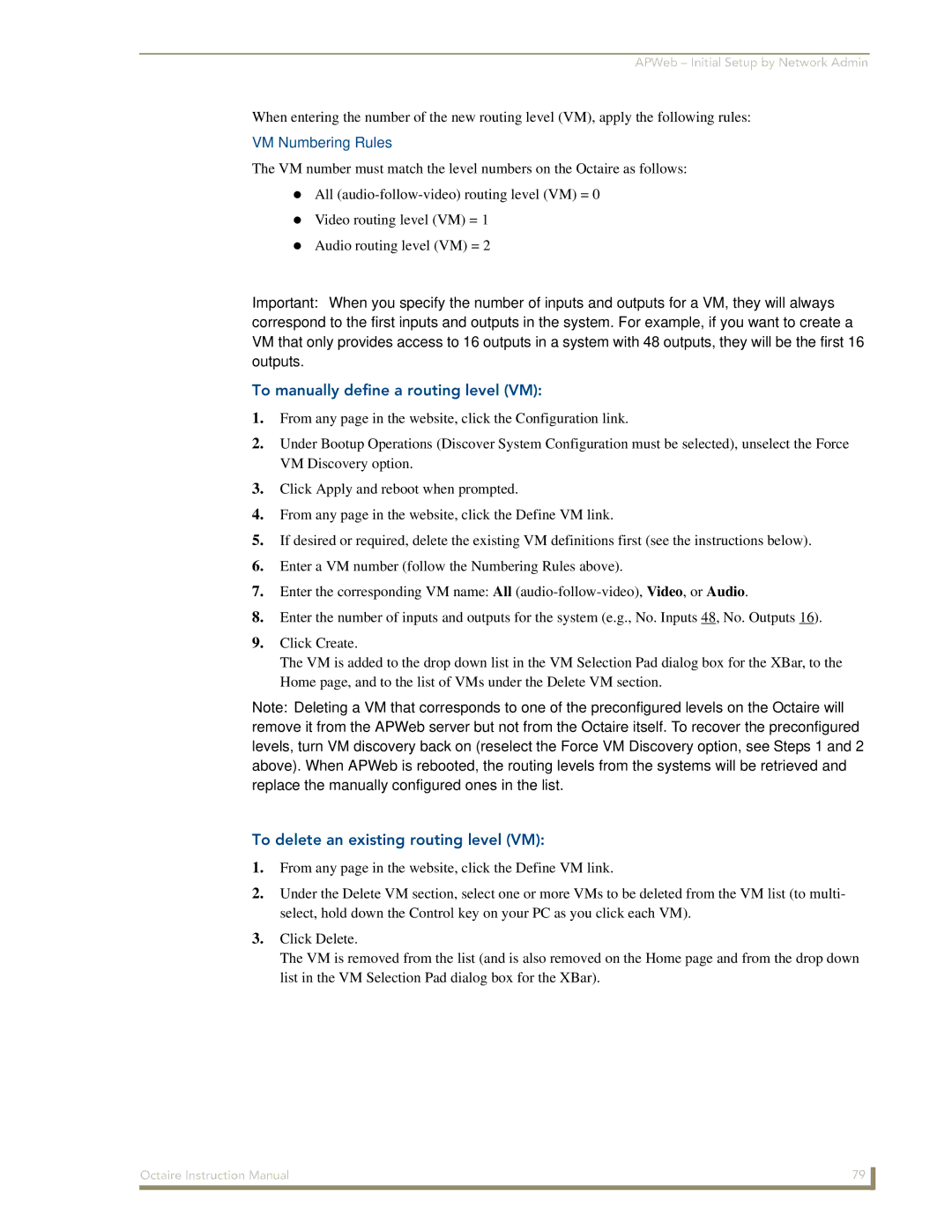 AMX Octaire VM Numbering Rules, To manually define a routing level VM, To delete an existing routing level VM 