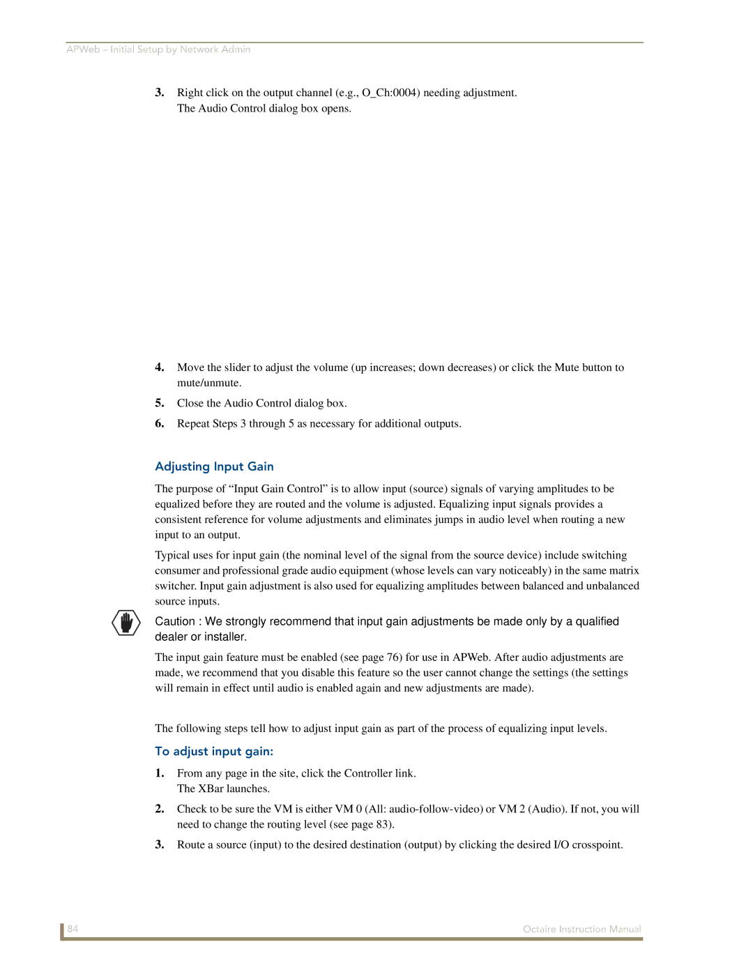 AMX Octaire instruction manual Adjusting Input Gain 