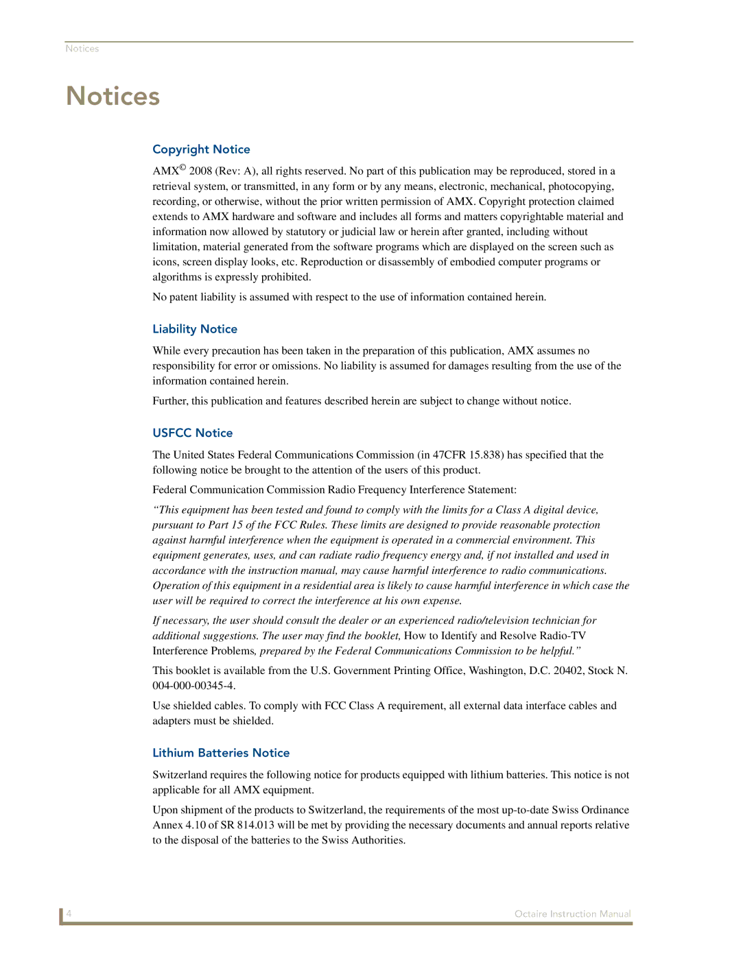 AMX Octaire instruction manual Copyright Notice, Liability Notice, Usfcc Notice, Lithium Batteries Notice 