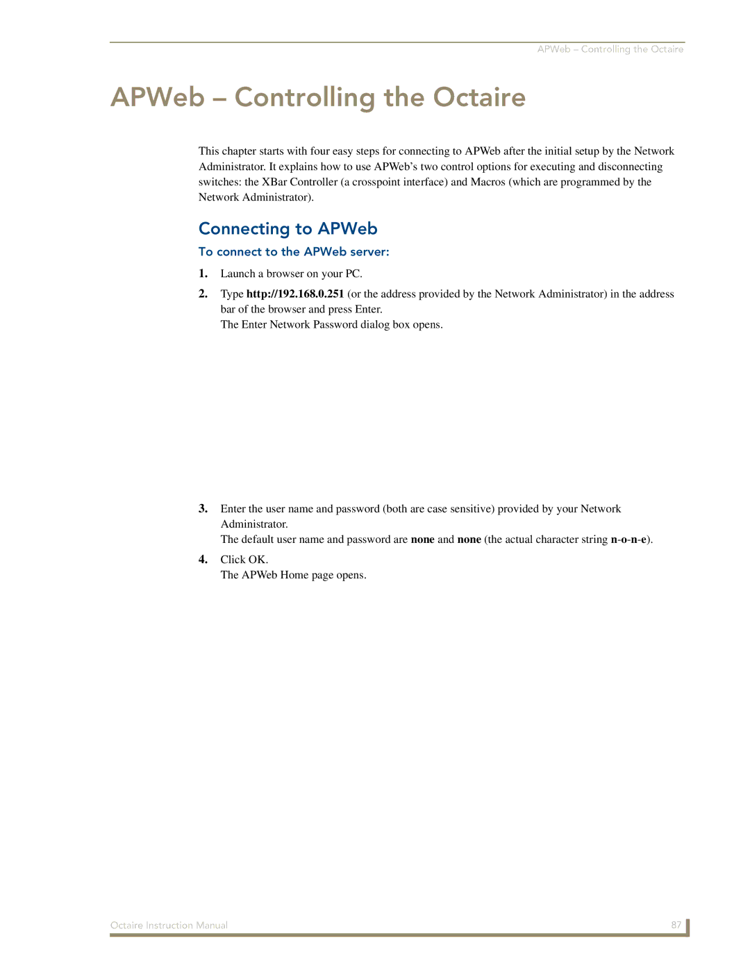 AMX instruction manual APWeb Controlling the Octaire, Connecting to APWeb, To connect to the APWeb server 