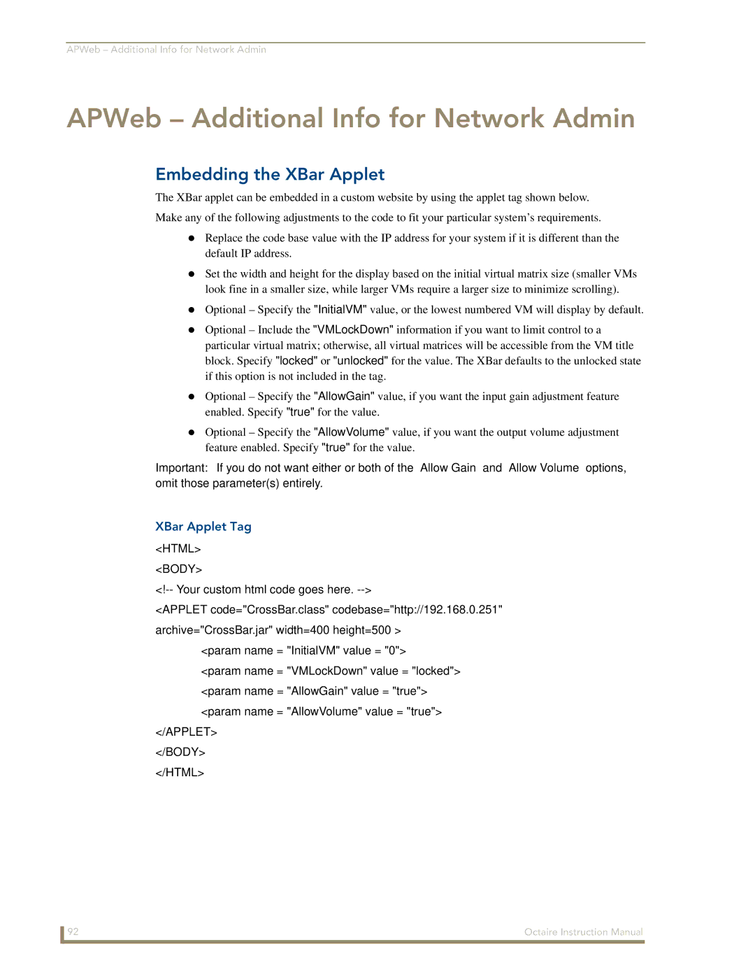 AMX Octaire instruction manual APWeb Additional Info for Network Admin, Embedding the XBar Applet, XBar Applet Tag 