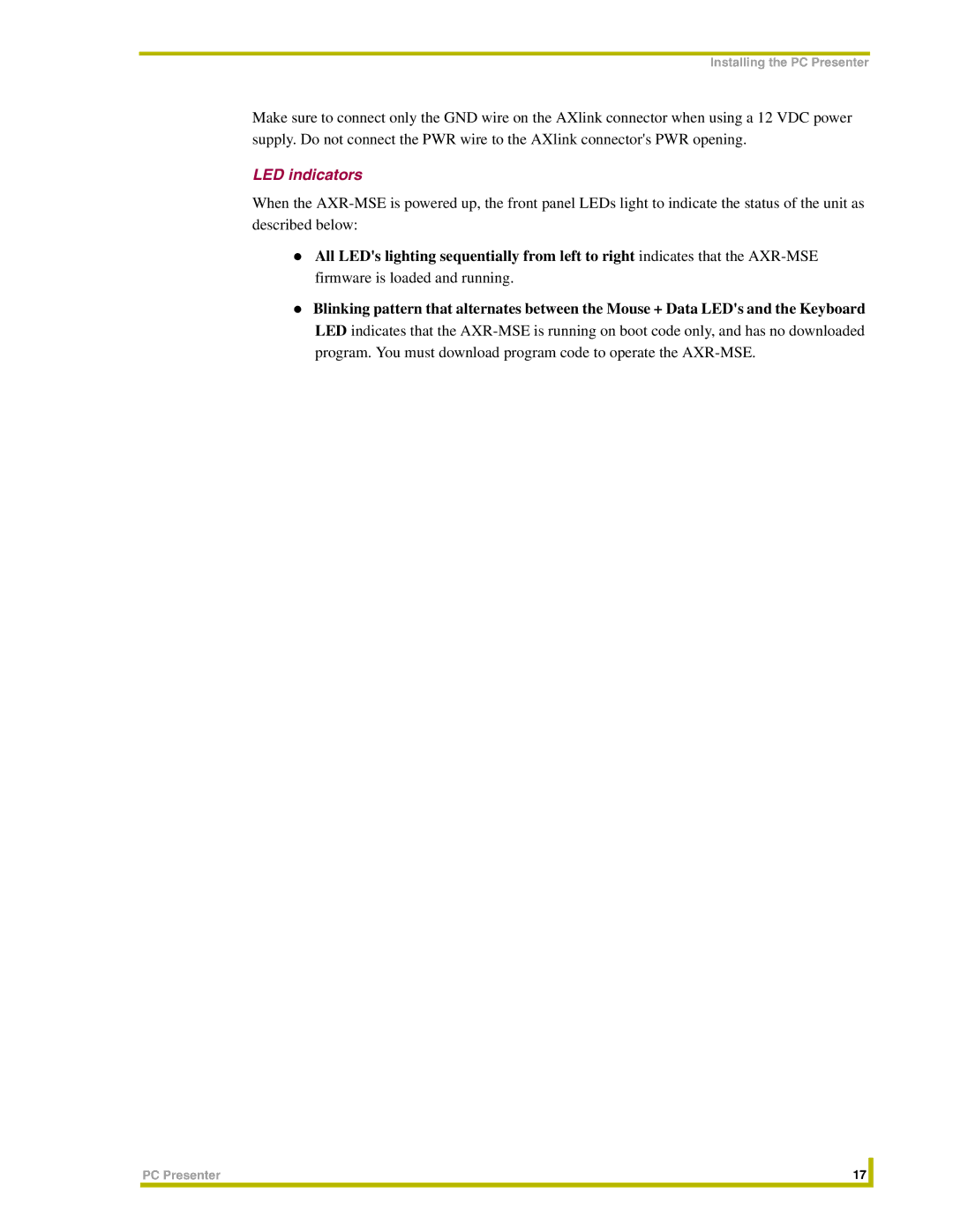 AMX PC Presenter instruction manual LED indicators 