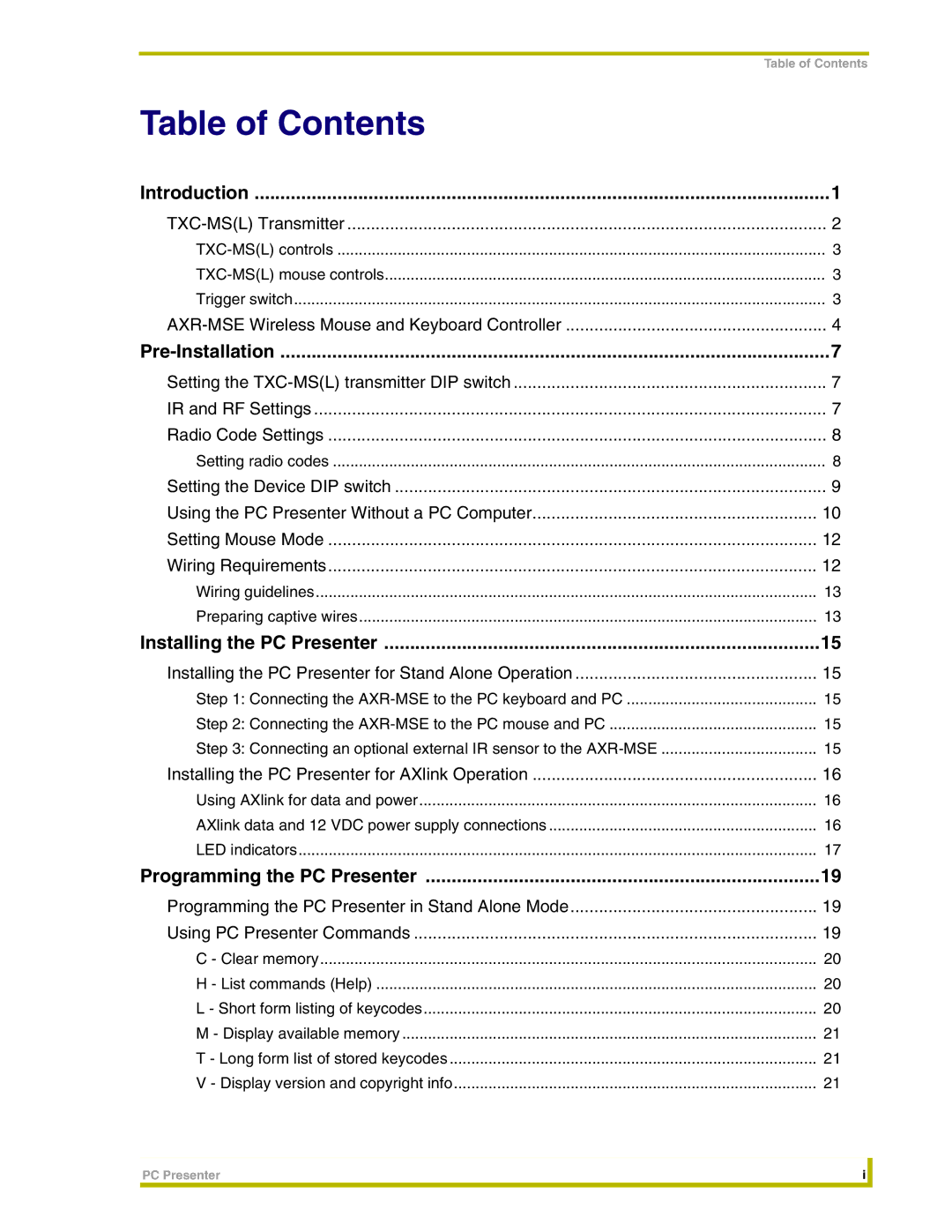 AMX PC Presenter instruction manual Table of Contents 