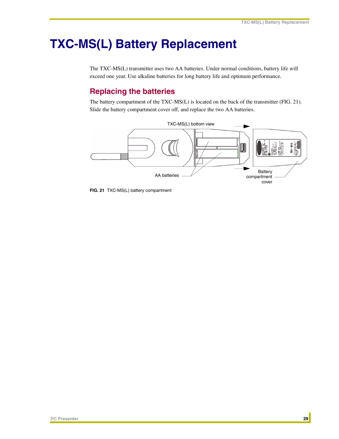 AMX PC Presenter instruction manual TXC-MSL Battery Replacement, Replacing the batteries 