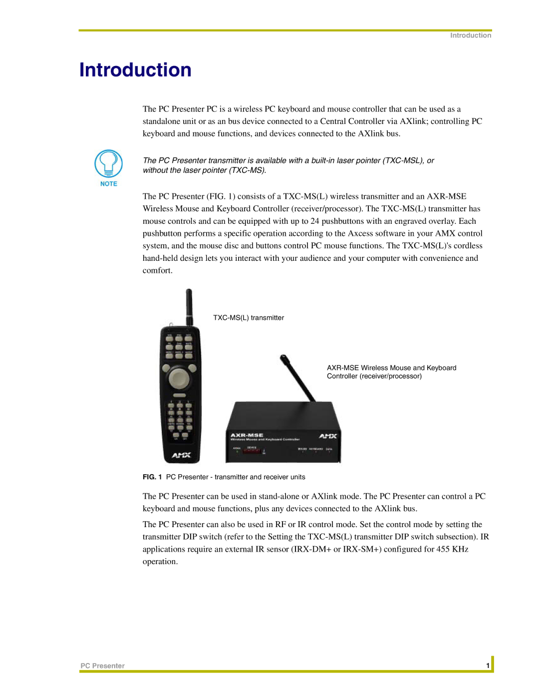 AMX instruction manual Introduction, PC Presenter transmitter and receiver units 