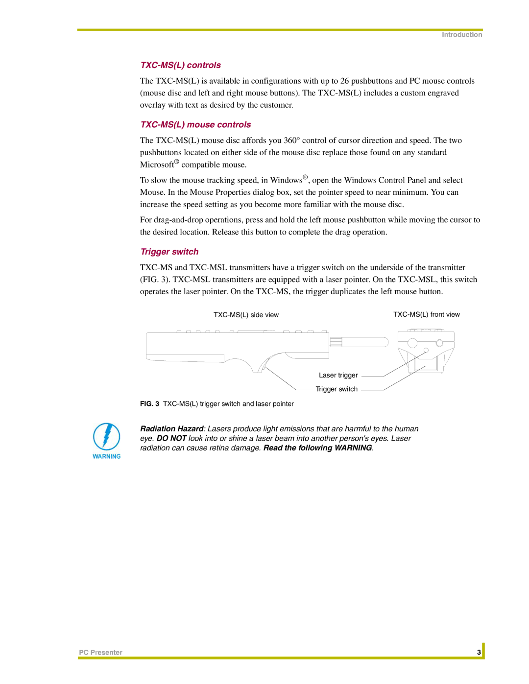 AMX PC Presenter instruction manual TXC-MSL controls, TXC-MSL mouse controls, Trigger switch 