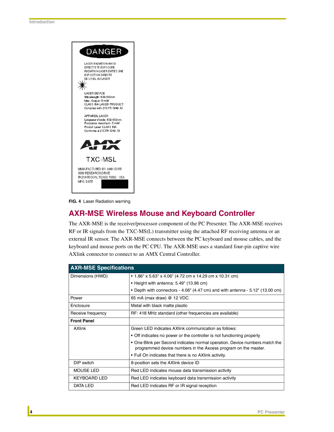 AMX PC Presenter instruction manual AXR-MSE Wireless Mouse and Keyboard Controller, AXR-MSE Specifications, Front Panel 