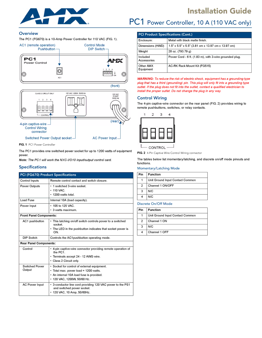 AMX PC1 specifications Overview, Control Wiring, PCI Product Specifications, PCI FG670 Product Specifications 