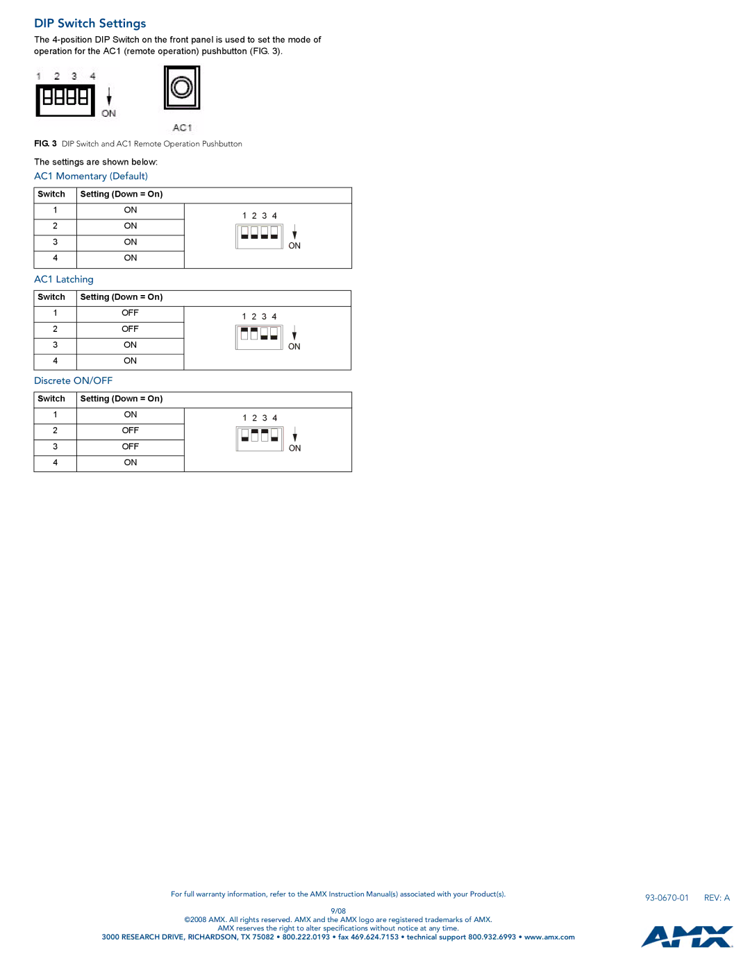 AMX PC1 specifications DIP Switch Settings, AC1 Momentary Default, AC1 Latching, Discrete ON/OFF, Switch Setting Down = On 