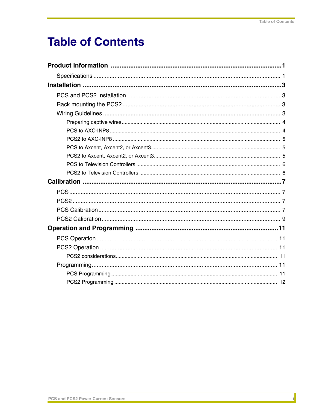 AMX PCS2 instruction manual Table of Contents 