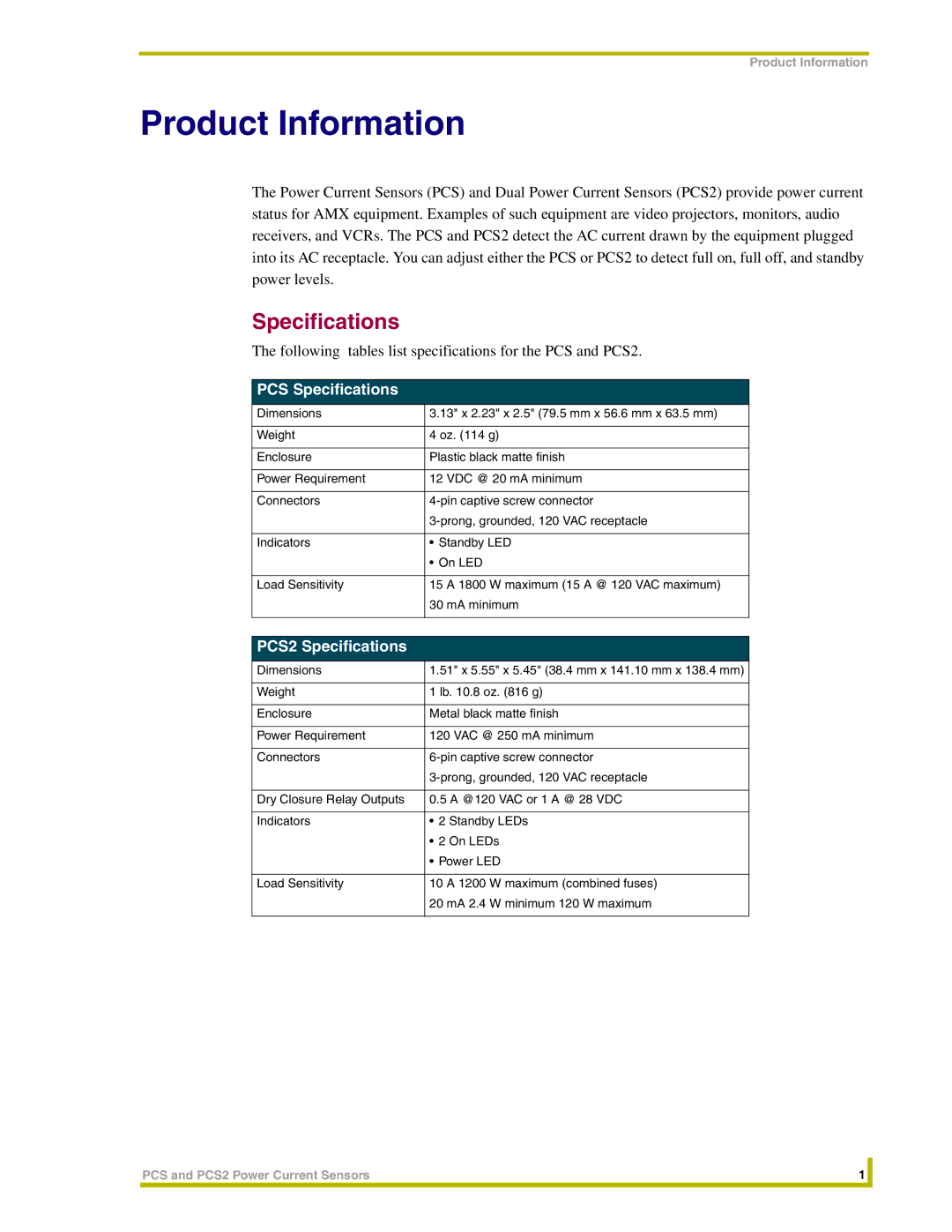 AMX PCS2 instruction manual Product Information, Specifications 