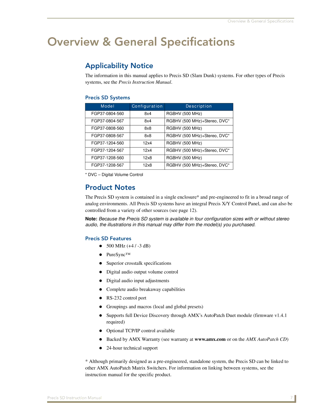 AMX Overview & General Specifications, Applicability Notice, Product Notes, Precis SD Systems, Precis SD Features 