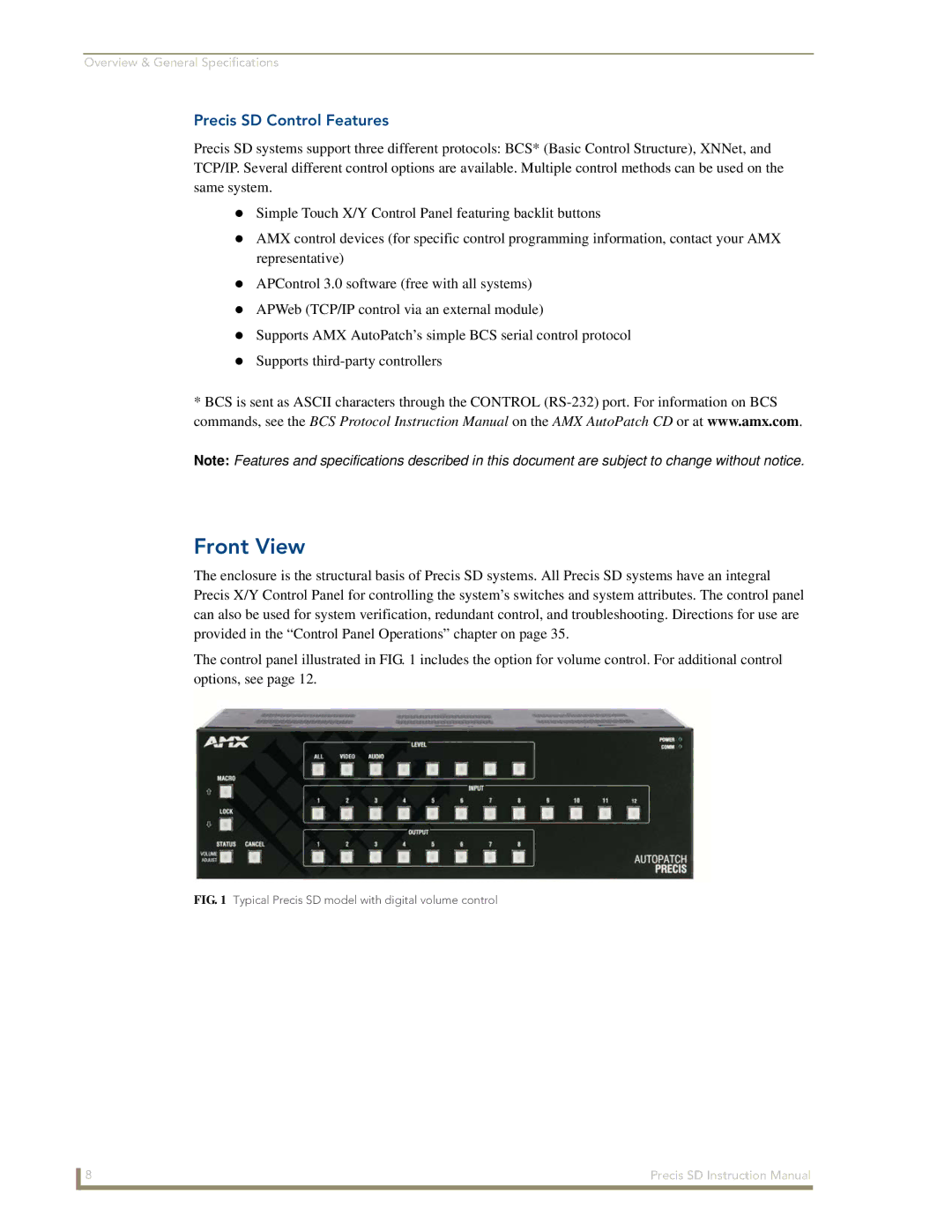 AMX instruction manual Front View, Precis SD Control Features 