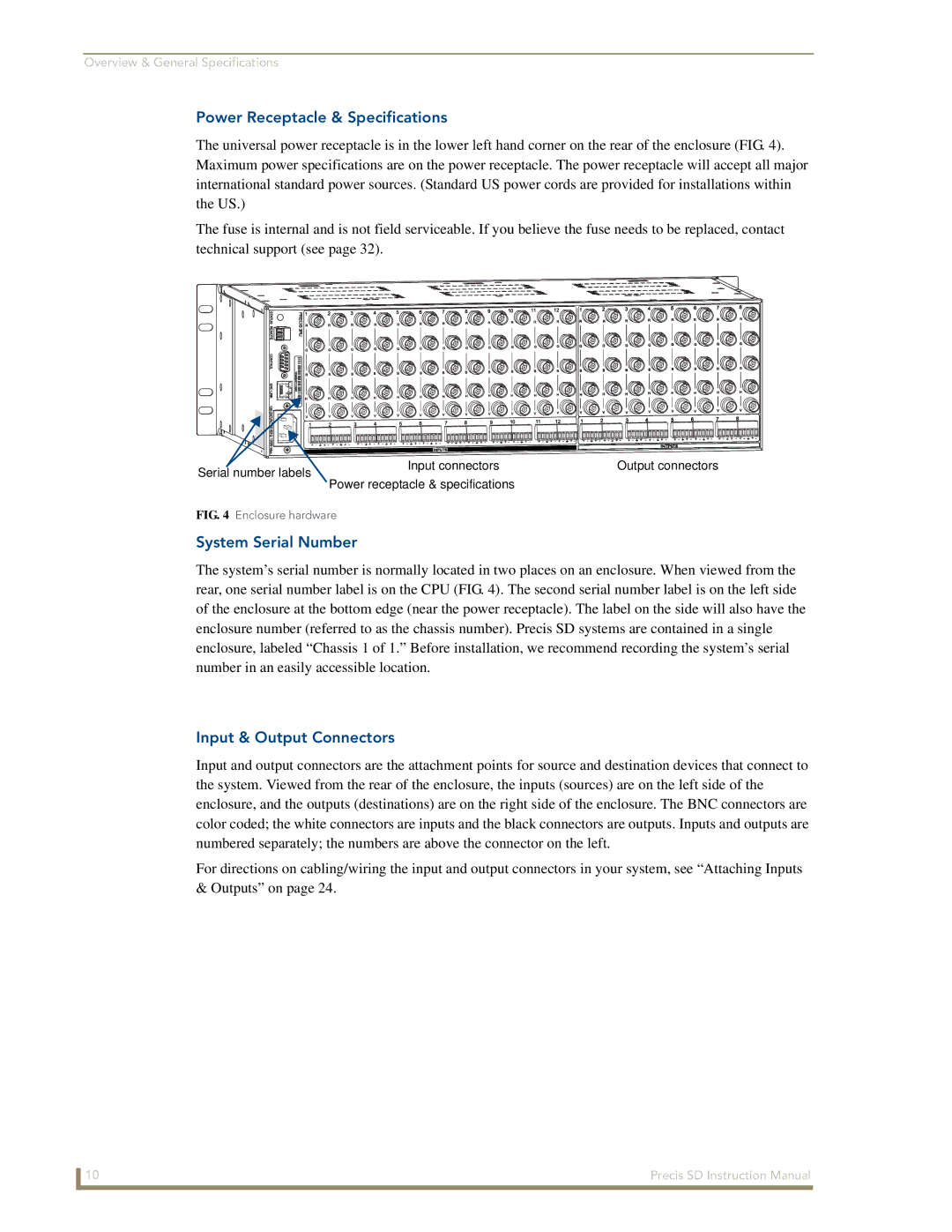 AMX Precis SD instruction manual Power Receptacle & Specifications, System Serial Number, Input & Output Connectors 