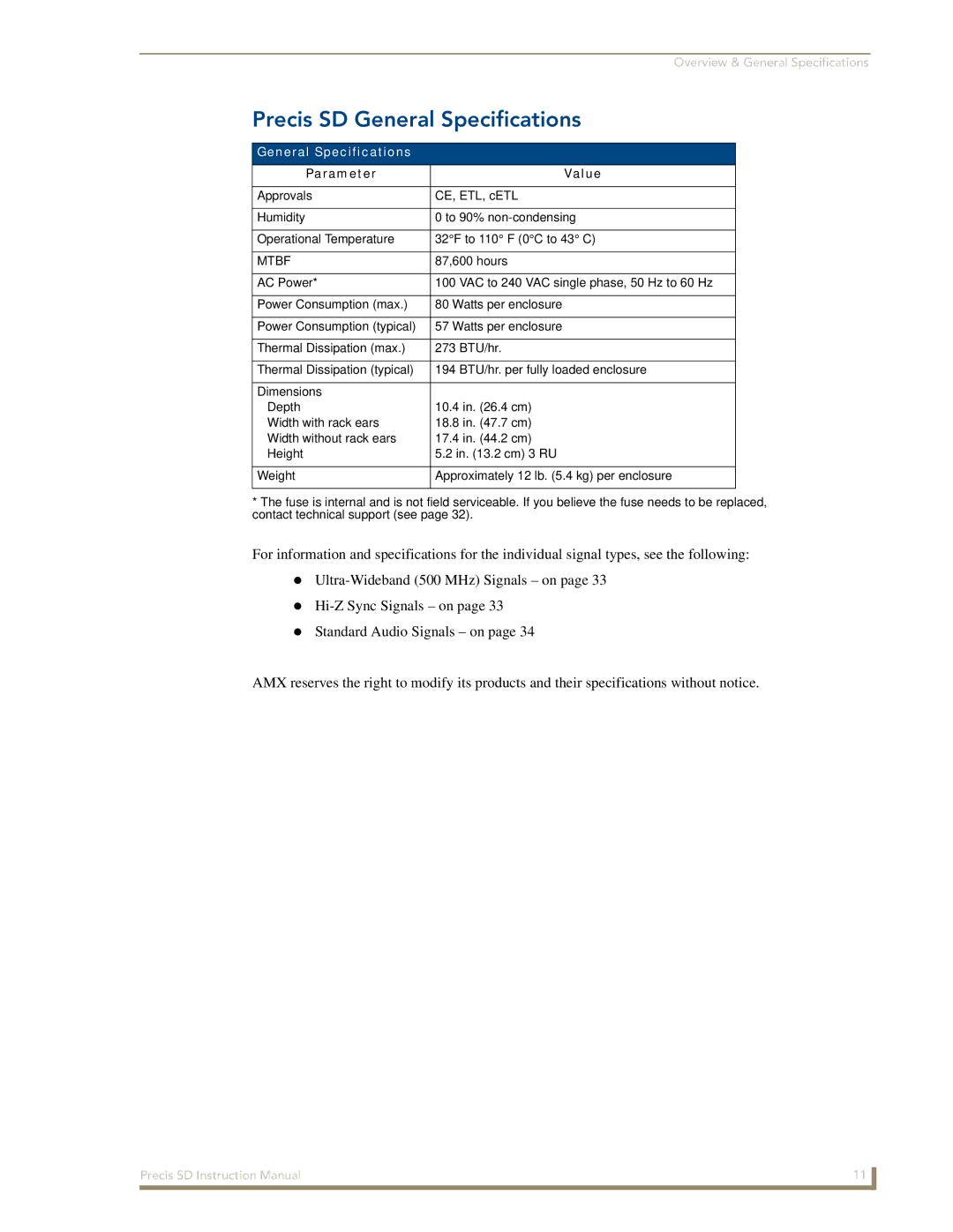 AMX instruction manual Precis SD General Specifications 