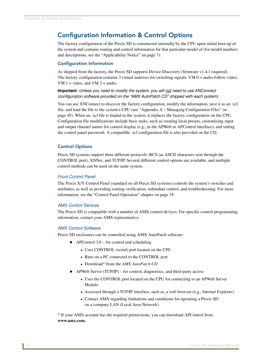 AMX Precis SD Configuration Information & Control Options, Front Control Panel, AMX Control Devices, AMX Control Software 
