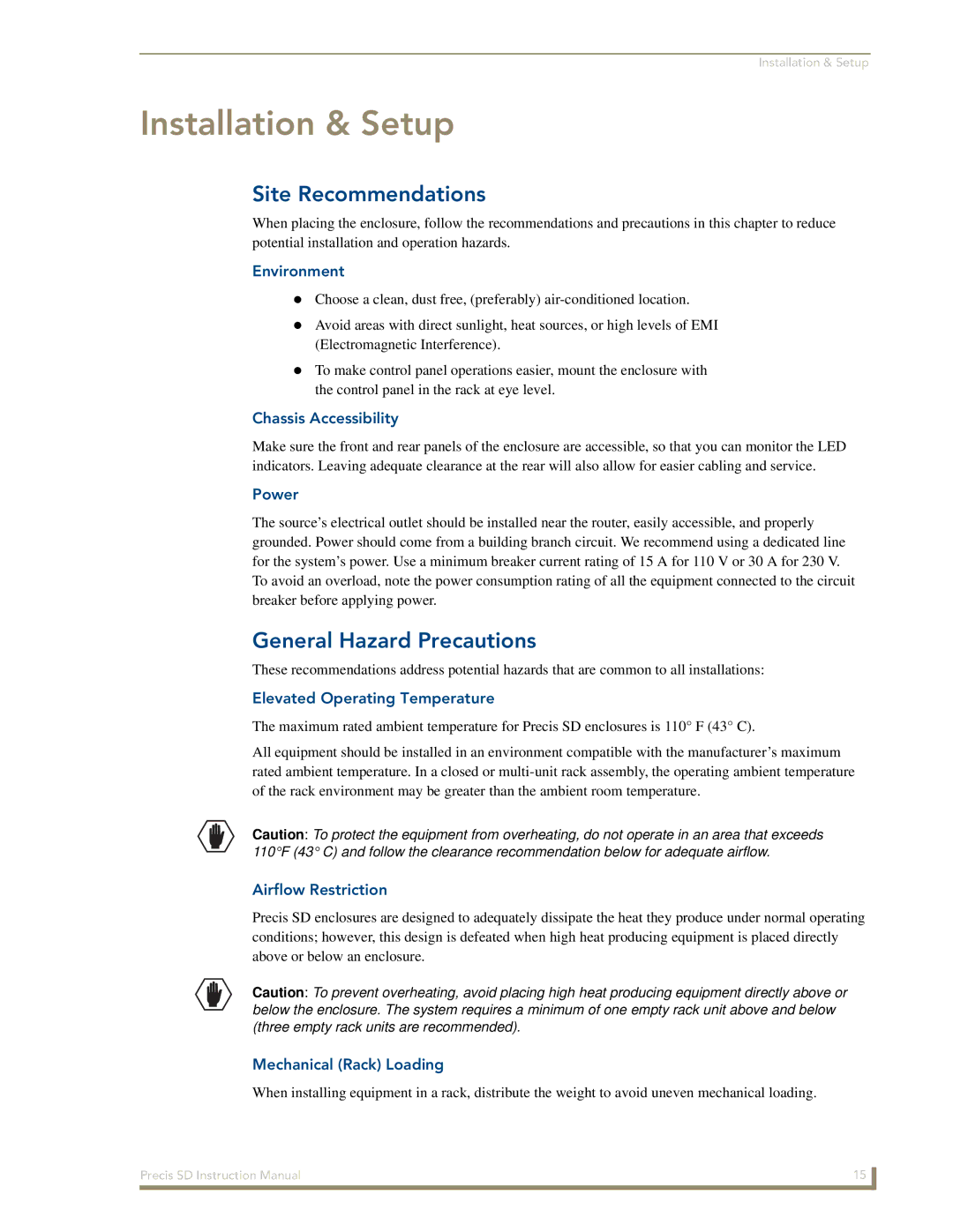 AMX Precis SD instruction manual Installation & Setup, Site Recommendations, General Hazard Precautions 