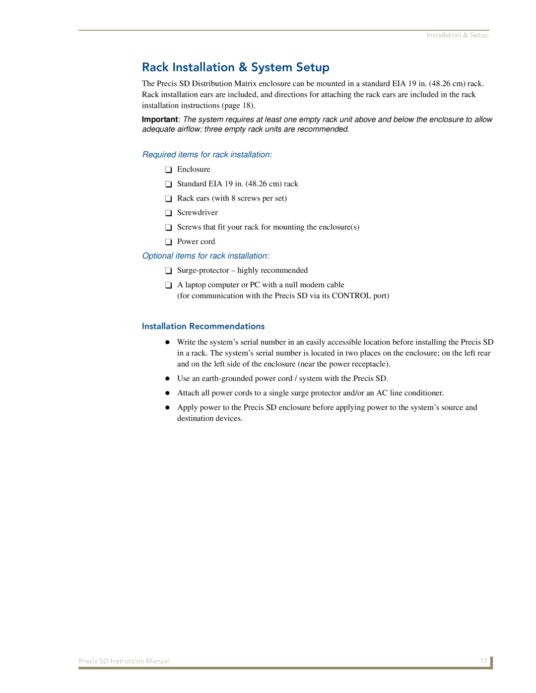 AMX Precis SD Rack Installation & System Setup, Required items for rack installation, Optional items for rack installation 