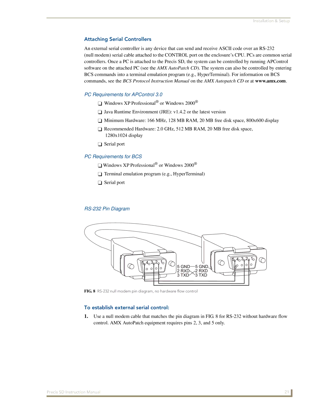 AMX Precis SD Attaching Serial Controllers, PC Requirements for APControl, PC Requirements for BCS, RS-232 Pin Diagram 