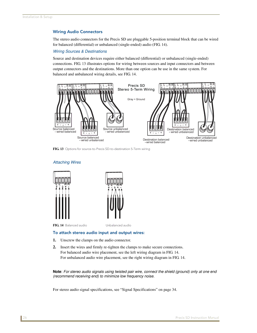 AMX Precis SD instruction manual Wiring Audio Connectors, Wiring Sources & Destinations, Attaching Wires 