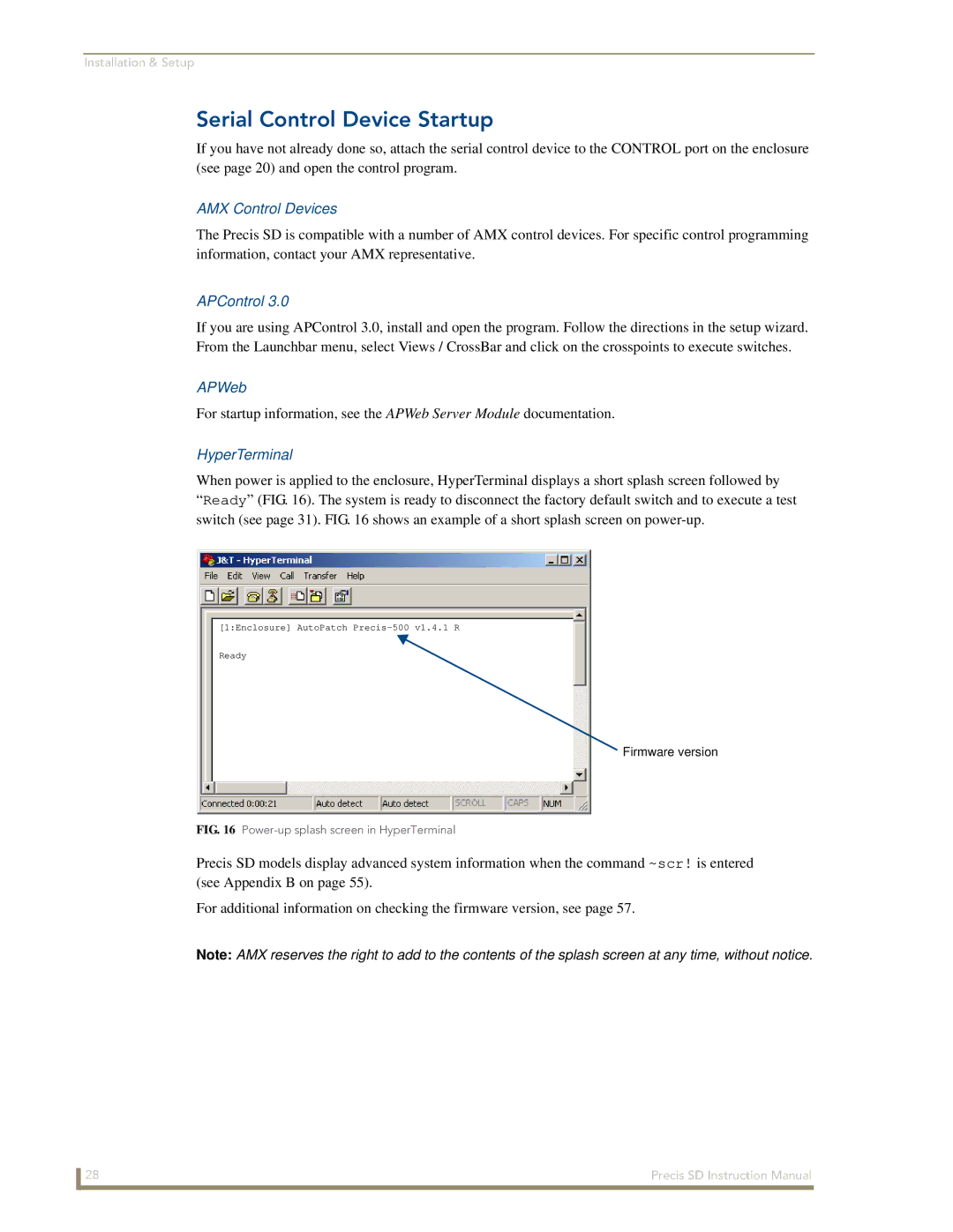 AMX Precis SD instruction manual Serial Control Device Startup, APControl, APWeb, HyperTerminal 