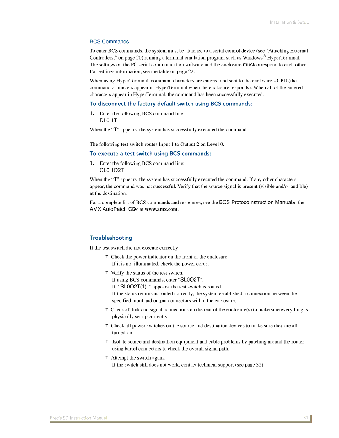 AMX Precis SD instruction manual BCS Commands, To disconnect the factory default switch using BCS commands, Troubleshooting 