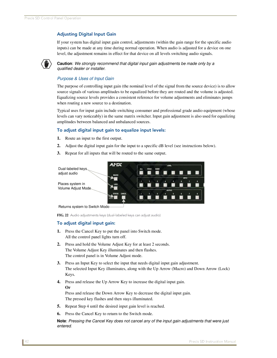 AMX Precis SD instruction manual Adjusting Digital Input Gain, Purpose & Uses of Input Gain, To adjust digital input gain 