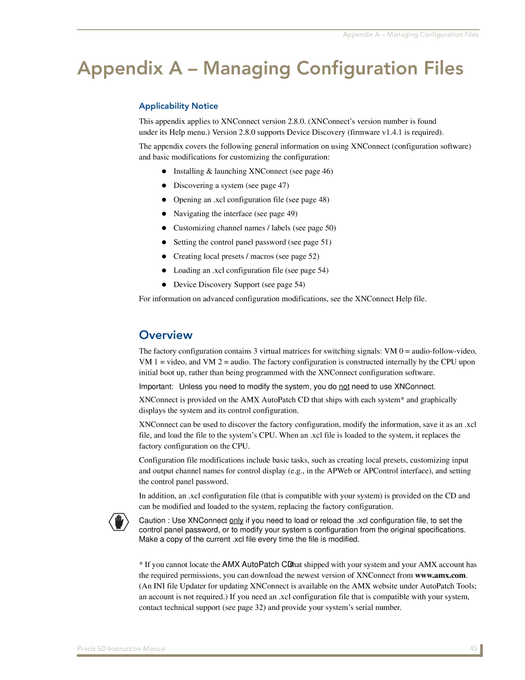 AMX Precis SD instruction manual Appendix a Managing Configuration Files, Applicability Notice 