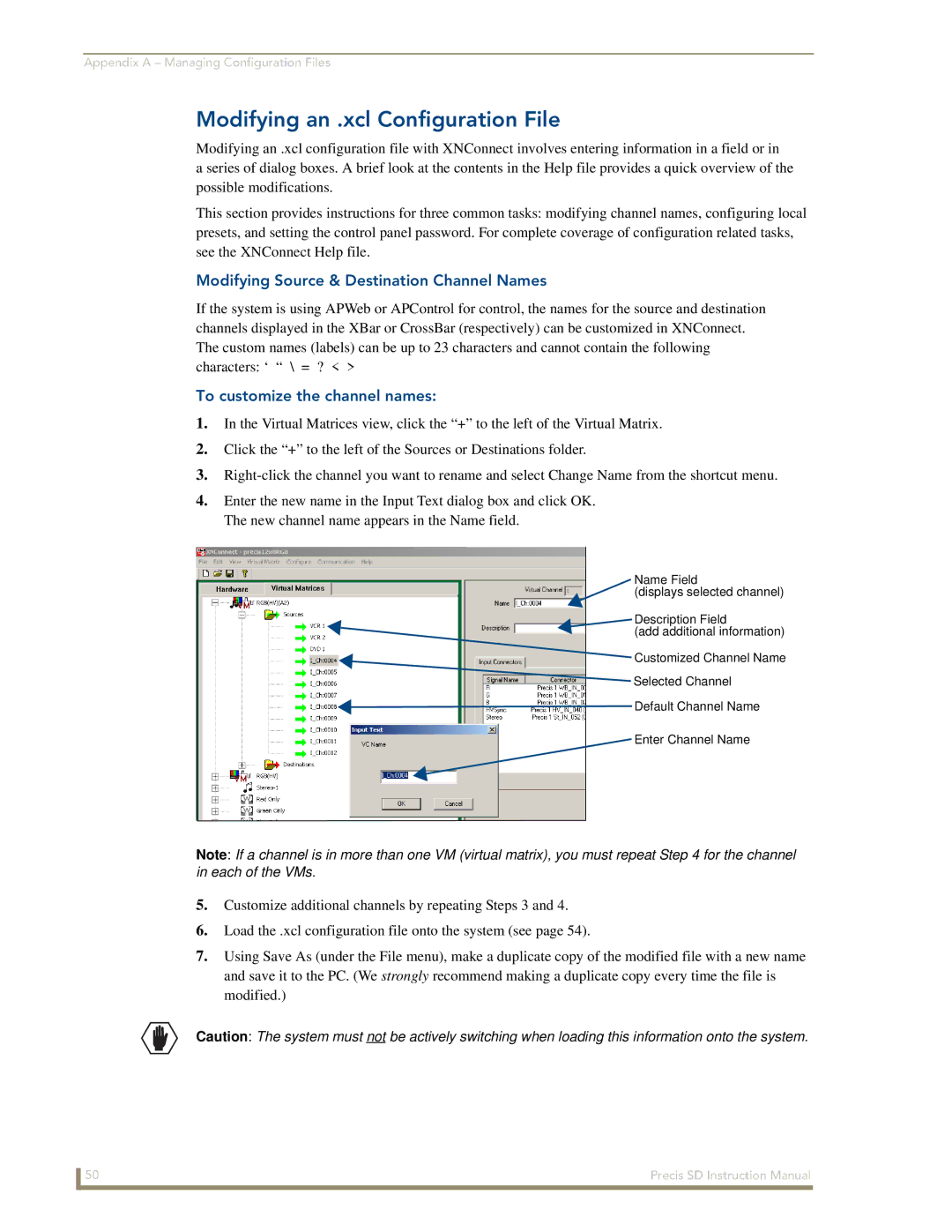 AMX Precis SD instruction manual Modifying an .xcl Configuration File, Modifying Source & Destination Channel Names 