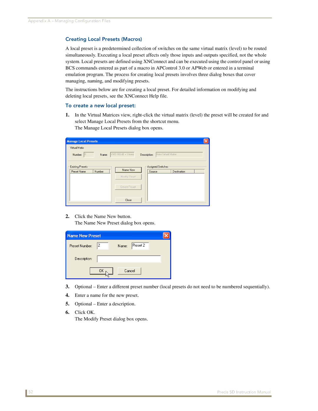 AMX Precis SD instruction manual Creating Local Presets Macros, To create a new local preset 