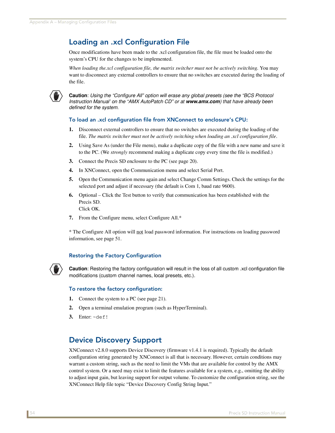 AMX Precis SD instruction manual Loading an .xcl Configuration File, Device Discovery Support 