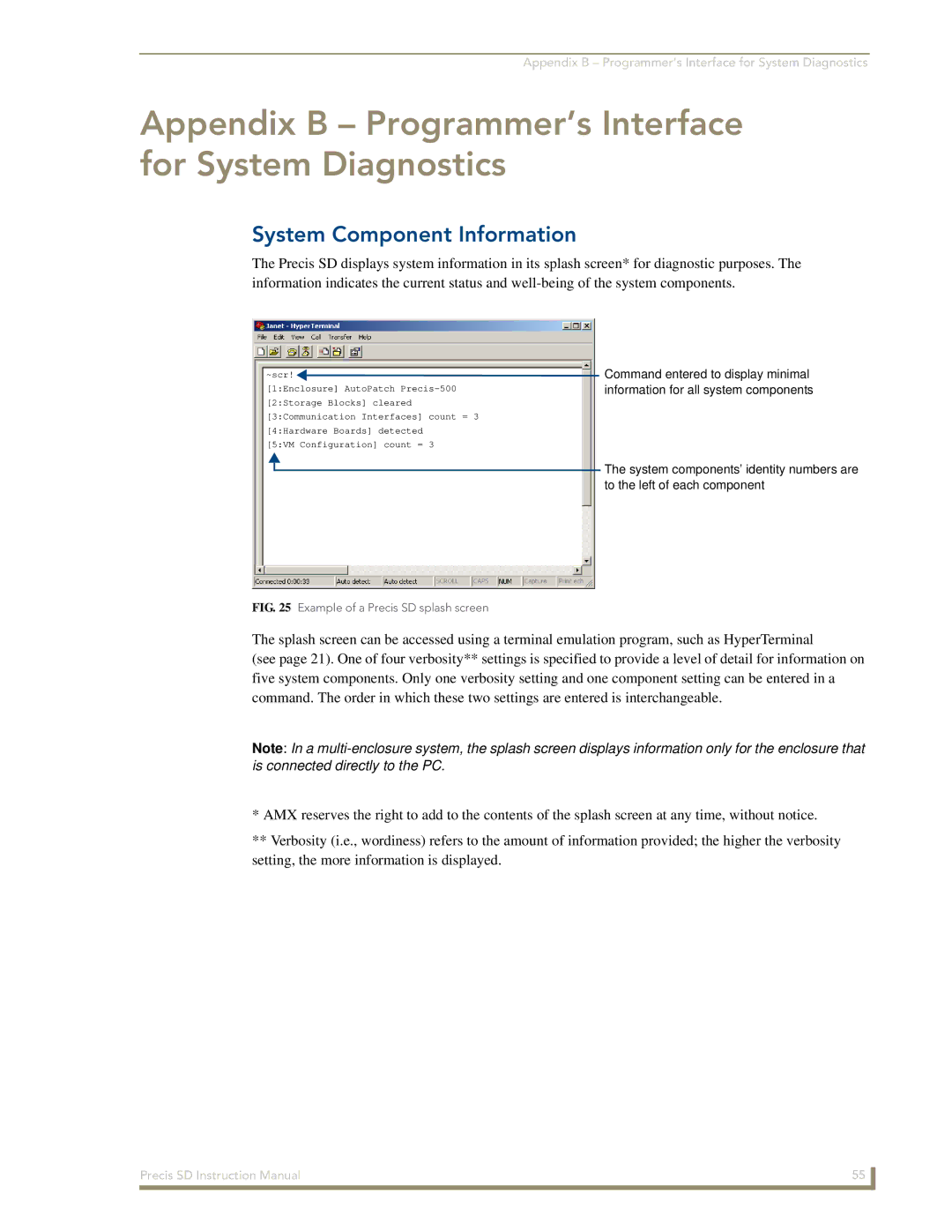 AMX Precis SD instruction manual Appendix B Programmer’s Interface for System Diagnostics, System Component Information 