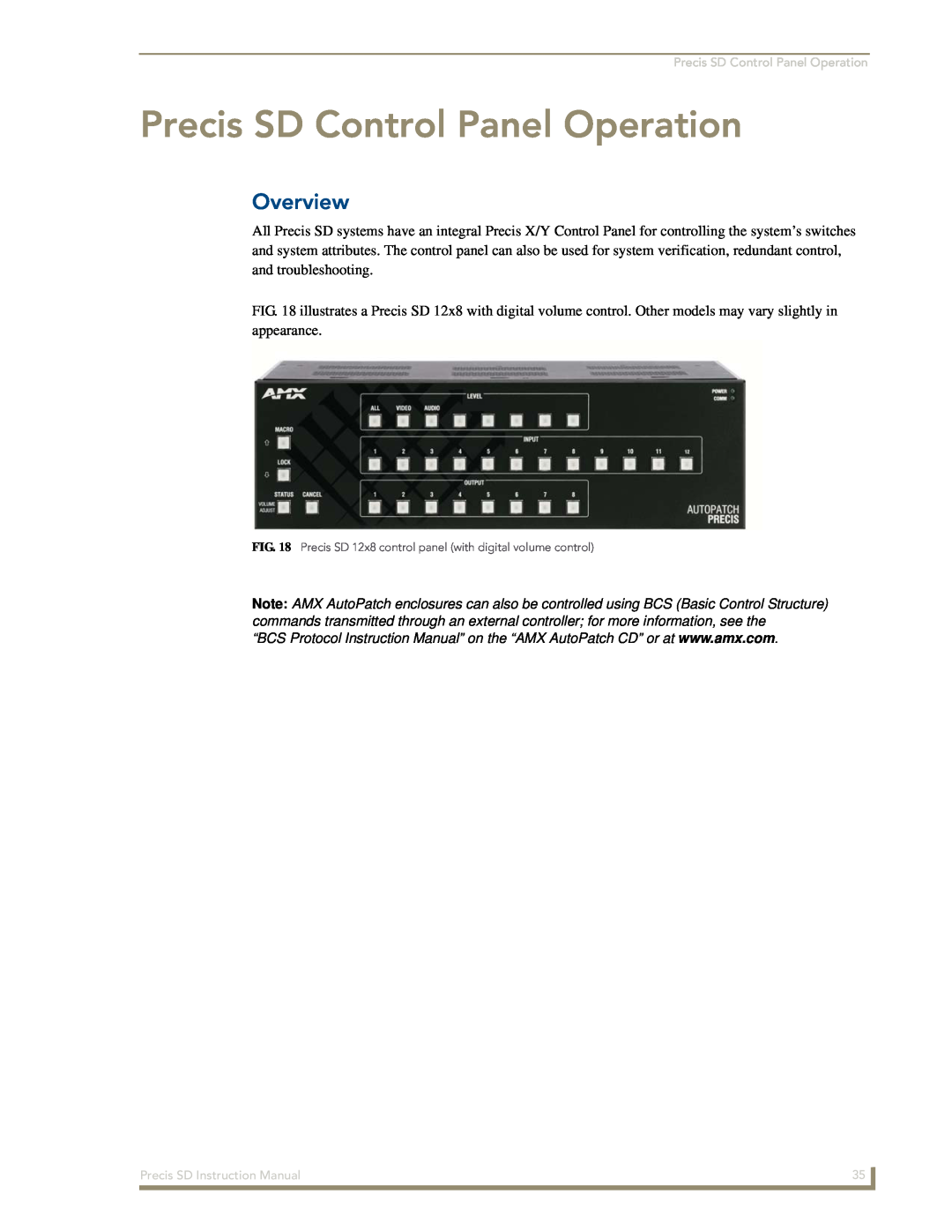 AMX instruction manual Precis SD Control Panel Operation, Overview 