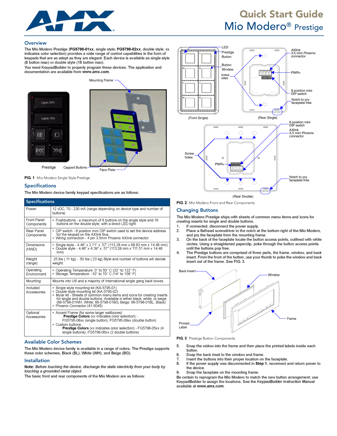 AMX Prestige quick start Overview, Specifications, Available Color Schemes, Installation, Changing Buttons 