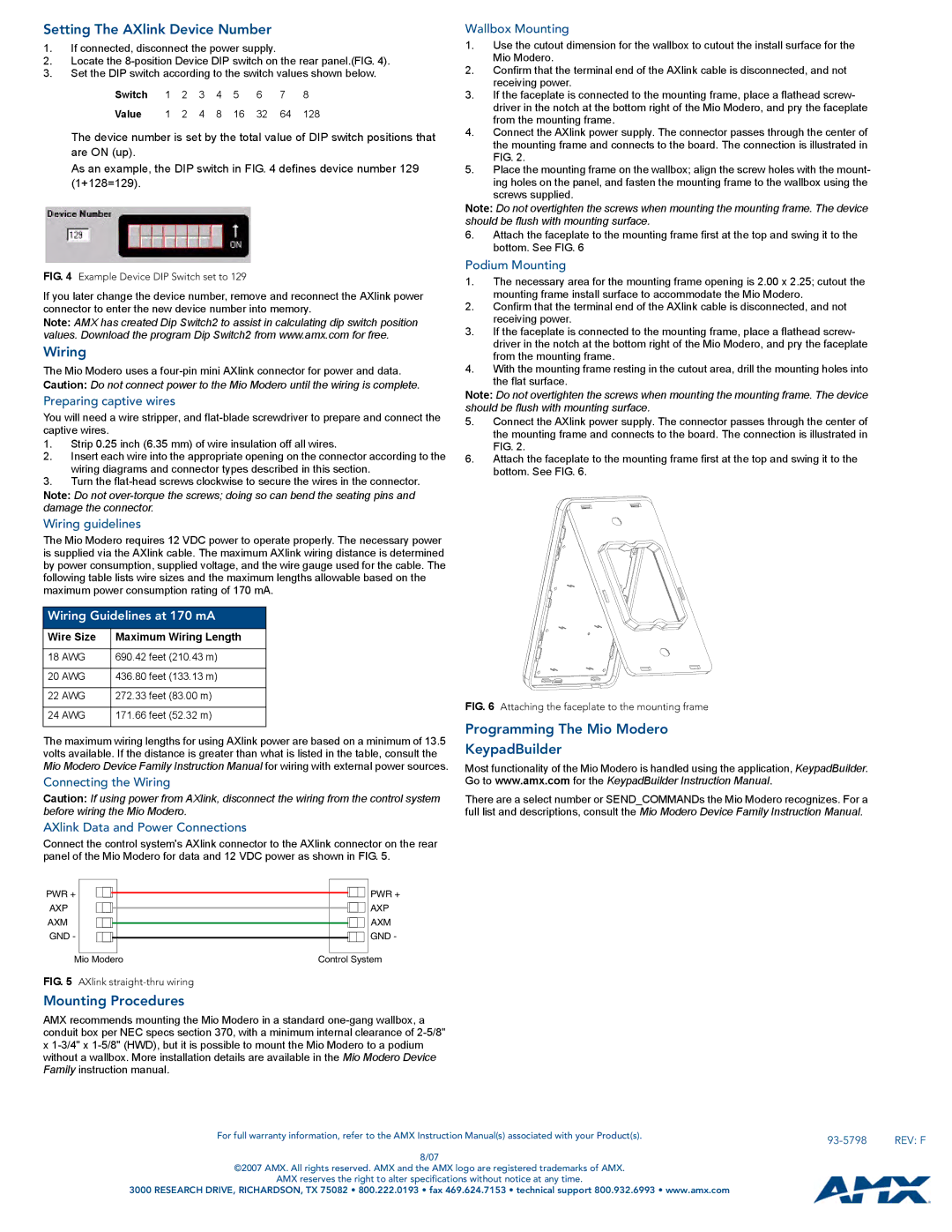 AMX Prestige Setting The AXlink Device Number, Wiring, Programming The Mio Modero KeypadBuilder, Mounting Procedures 