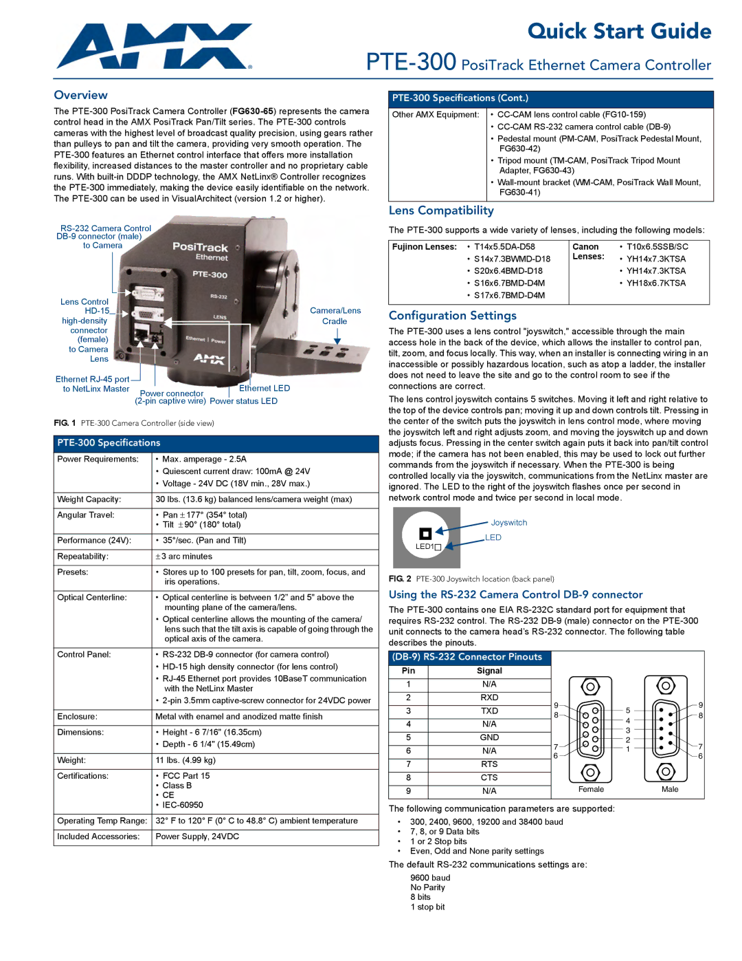 AMX PTE-300 quick start Overview, Lens Compatibility, Configuration Settings 