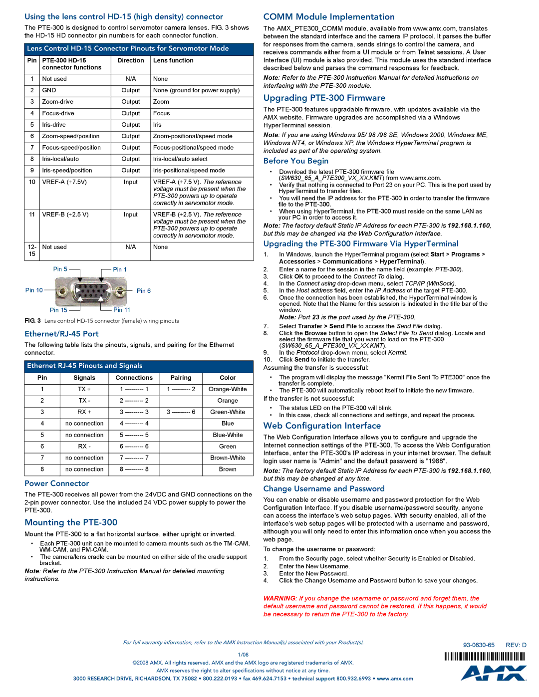 AMX quick start Mounting the PTE-300, Comm Module Implementation Upgrading PTE-300 Firmware, Web Configuration Interface 