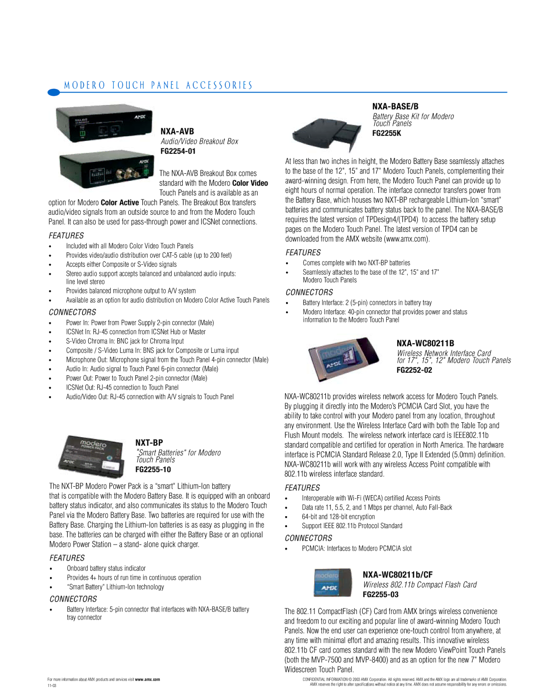 AMX PTM-D15 manual D E R O T O U C H P a N E L a C C E S S O R I E S, Nxa-Avb, Nxt-Bp, Nxa-Base/B 