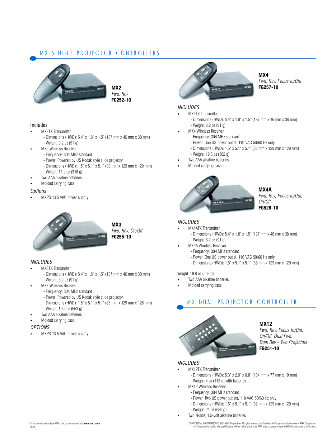 AMX PTM-D15 manual S I N G L E P R O J E C T O R C O N T R O L L E R S, MX2, MX3, MX4A 