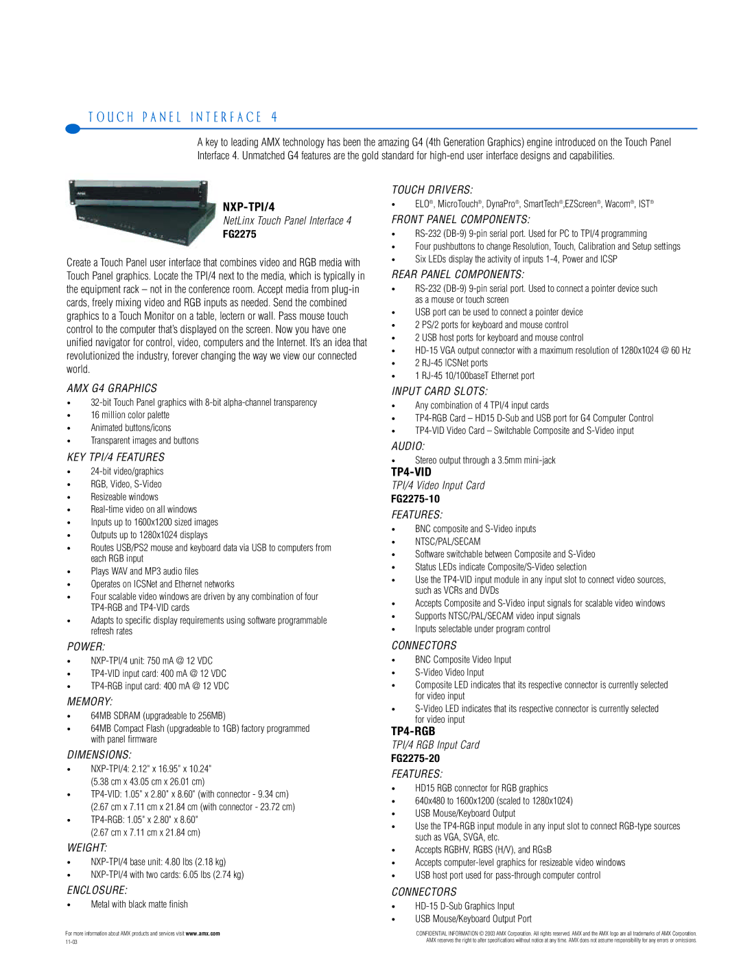 AMX PTM-D15 manual U C H P a N E L I N T E R F a C E, NXP-TPI/4, TP4-VID, TP4-RGB 