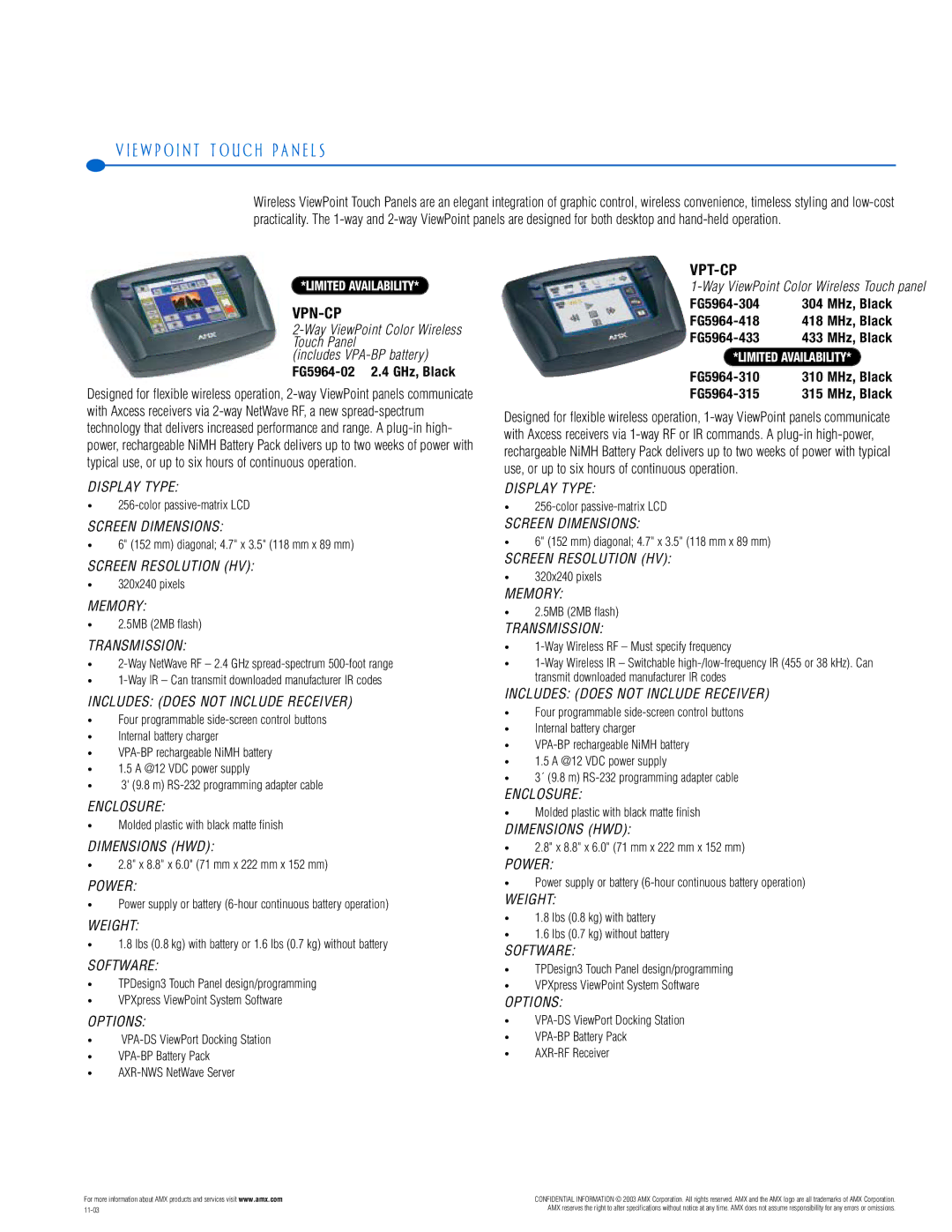 AMX PTM-D15 manual E W P O I N T T O U C H P a N E L S, Vpn-Cp, Vpt-Cp 