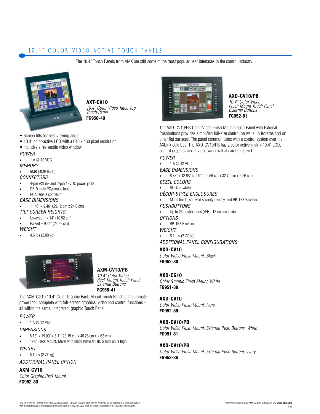 AMX PTM-D15 manual O L O R V I D E O a C T I V E T O U C H P a N E L S, AXT-CV10, AXM-CV10, AXD-CV10/PB 