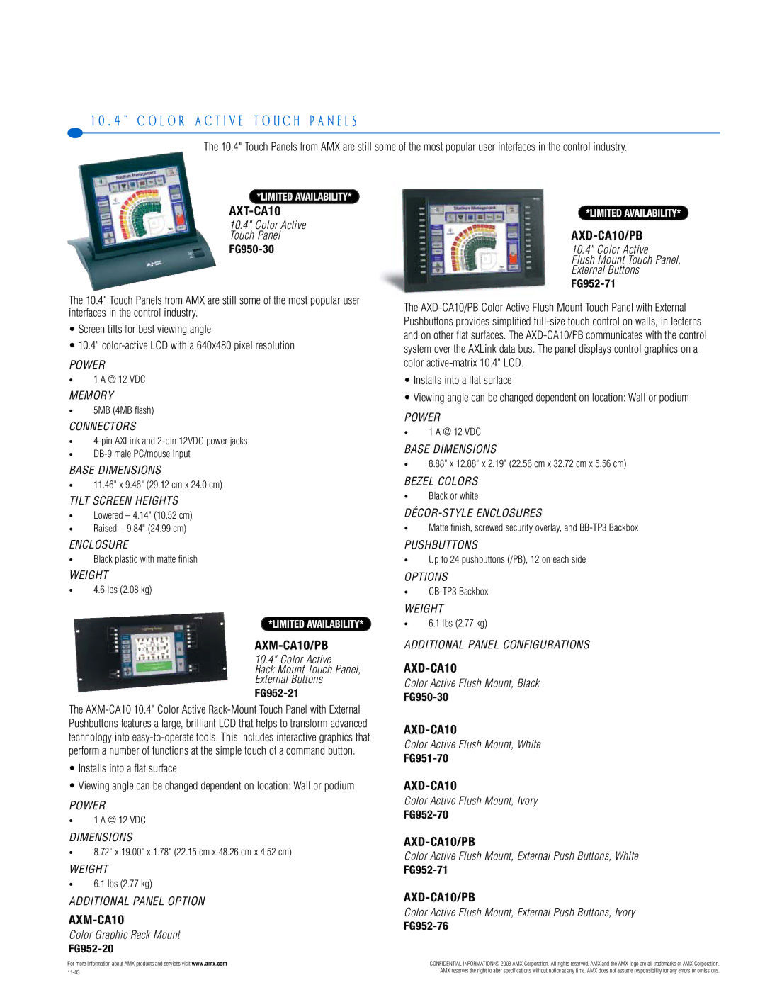 AMX PTM-D15 manual O L O R a C T I V E T O U C H P a N E L S 