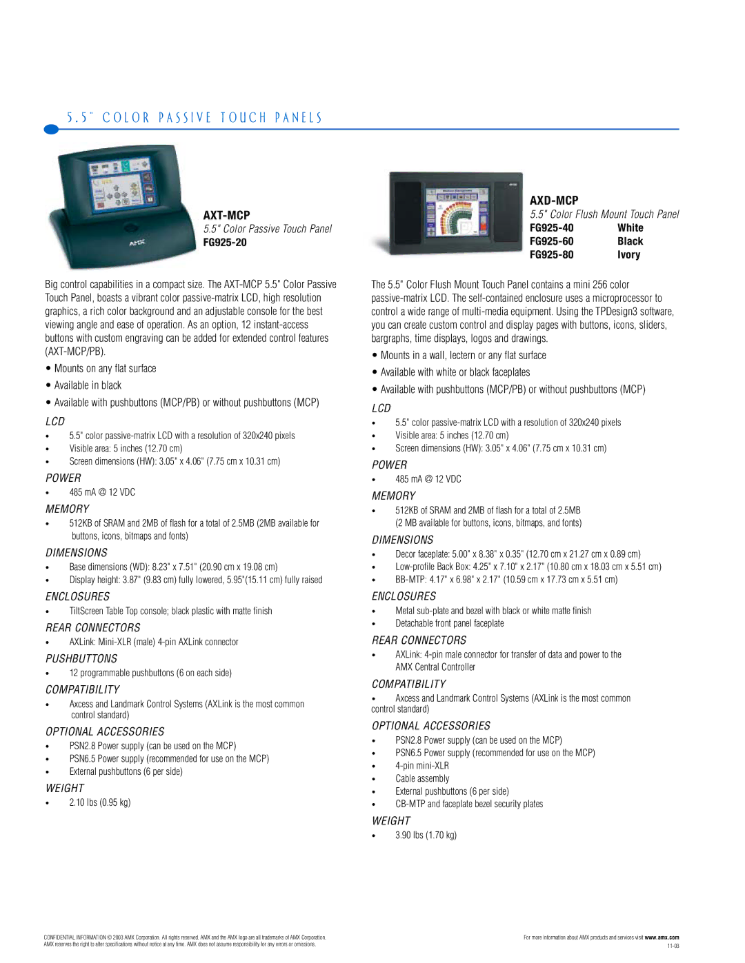 AMX PTM-D15 manual O L O R P a S S I V E T O U C H P a N E L S, Axt-Mcp, Axd-Mcp, FG925-20 