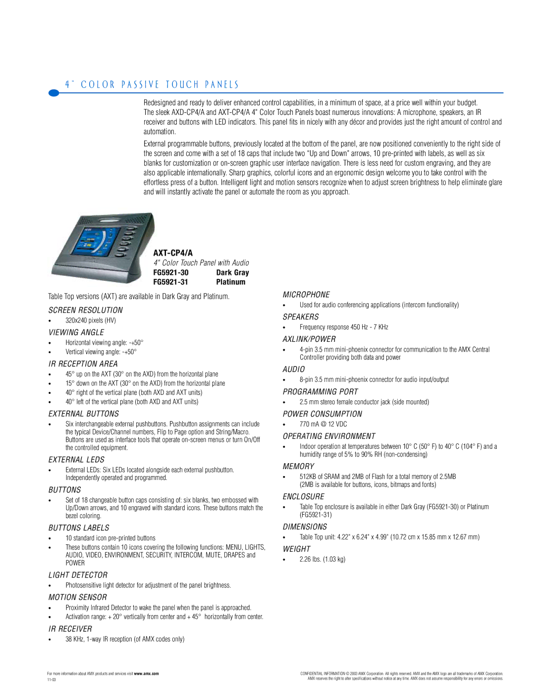 AMX PTM-D15 manual AXT-CP4/A, FG5921-30, FG5921-31 Platinum 