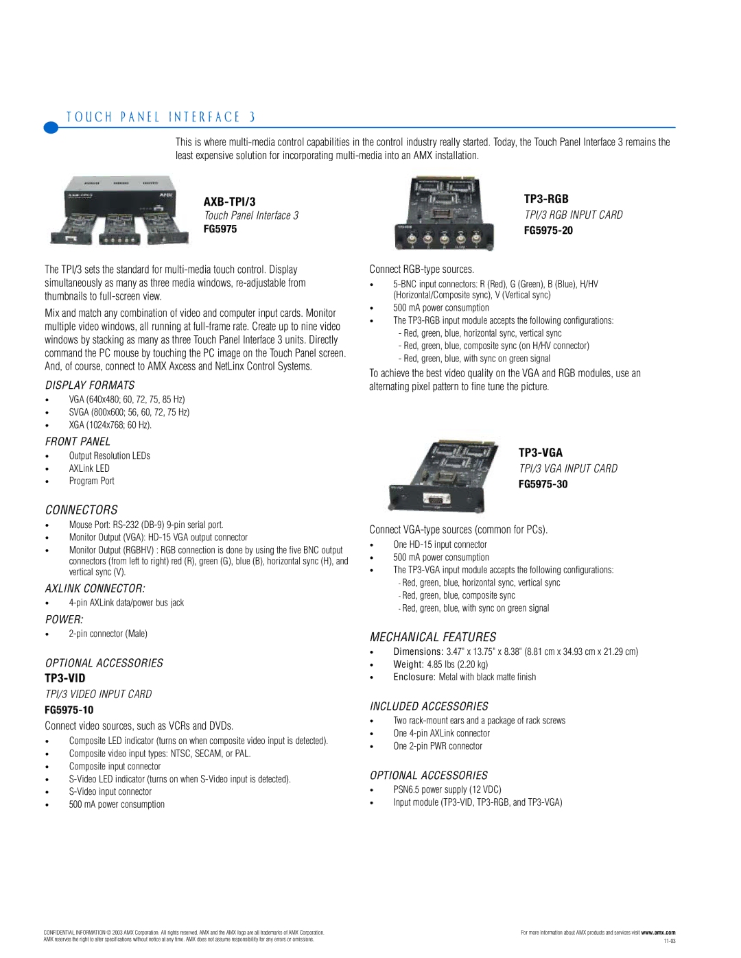 AMX PTM-D15 manual AXB-TPI/3, TP3-VID, TP3-RGB, TP3-VGA 